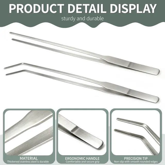 Alt view image 3 of 7 - 2 Pack Long Tweezers for Sink Drain, 10.63 Inch Extra Long Tweezers, Thin Stainless Steel, Straight and Curved Design with No-Slip Tips, Grabber for Hair and Debris, for Bathroom and Drain Sink