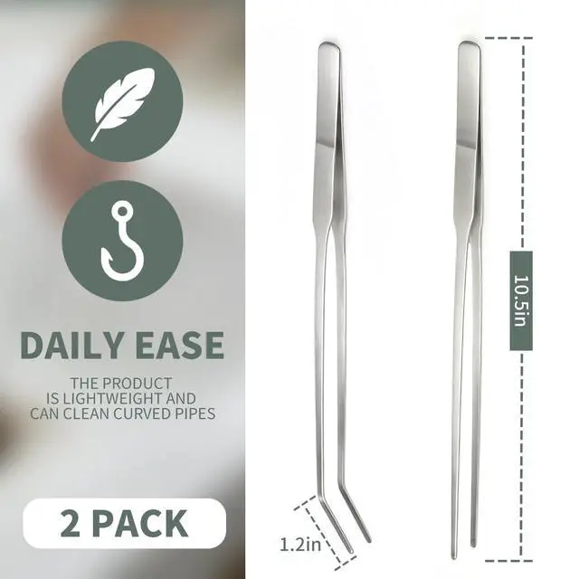 Alt view image 6 of 7 - 2 Pack Long Tweezers for Sink Drain, 10.63 Inch Extra Long Tweezers, Thin Stainless Steel, Straight and Curved Design with No-Slip Tips, Grabber for Hair and Debris, for Bathroom and Drain Sink