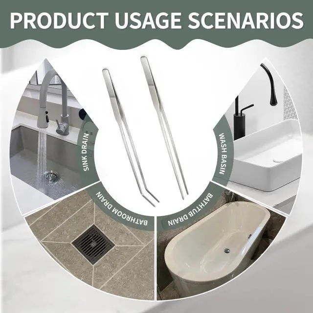 Alt view image 7 of 7 - 2 Pack Long Tweezers for Sink Drain, 10.63 Inch Extra Long Tweezers, Thin Stainless Steel, Straight and Curved Design with No-Slip Tips, Grabber for Hair and Debris, for Bathroom and Drain Sink