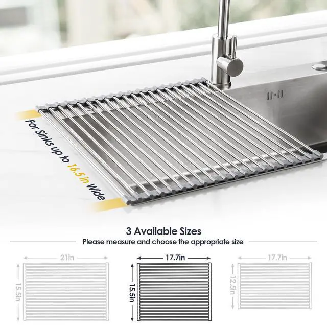 Alt view image 2 of 7 - 17.7" x 15.5" Roll Up Dish Drying Rack Over Sink Drying Rack Sink Cover Kitchen Sink Accessories Gadget Multipurpose Organizer Foldable Stainless Steel Drainer (Grey)