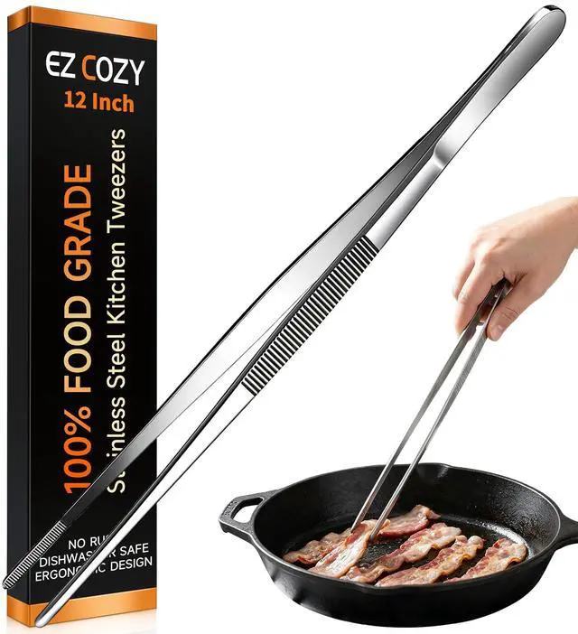 Main image of Kitchen Tweezers 1PC Cooking Tongs, Stainless Steel Food-Grade 12" Long Tweezers, Professional Heat Resistant Kitchen Utensils for Chef, Baking, Salad, Dishwasher Safe & Anti-Slip Grip Kitchen Tools