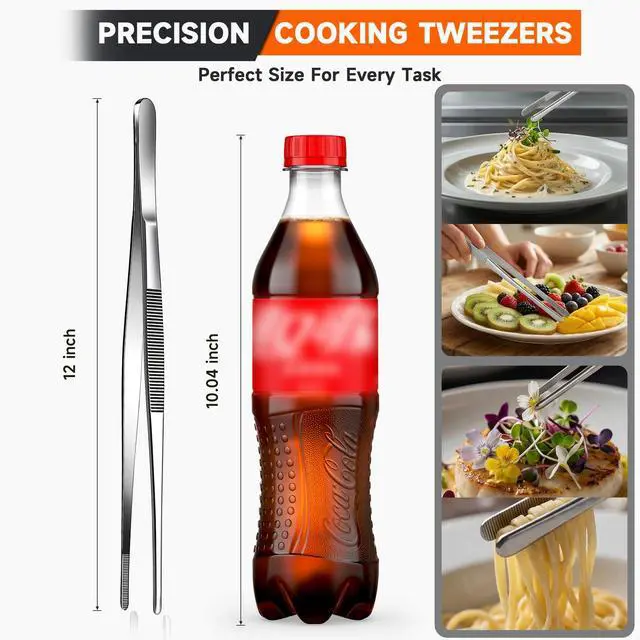 Alt view image 4 of 7 - Kitchen Tweezers 1PC Cooking Tongs, Stainless Steel Food-Grade 12" Long Tweezers, Professional Heat Resistant Kitchen Utensils for Chef, Baking, Salad, Dishwasher Safe & Anti-Slip Grip Kitchen Tools