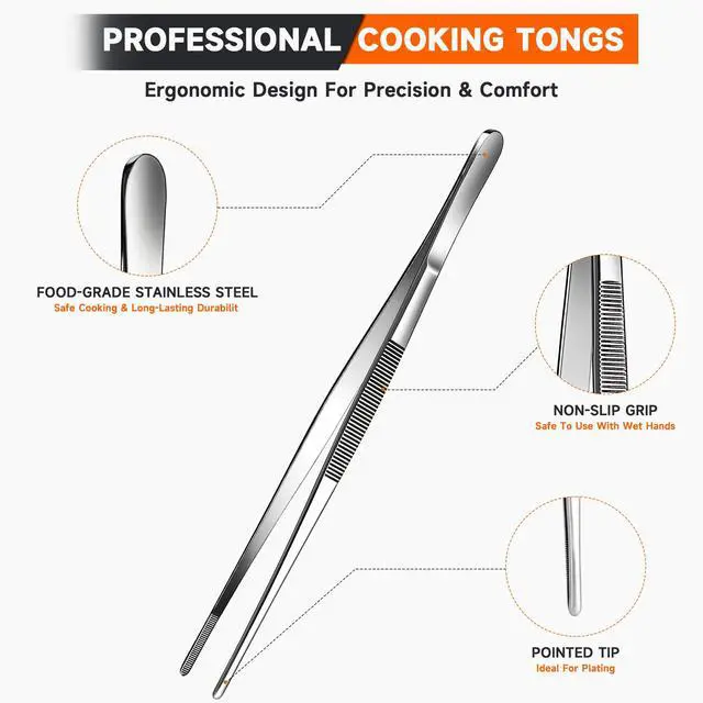 Alt view image 5 of 7 - Kitchen Tweezers 1PC Cooking Tongs, Stainless Steel Food-Grade 12" Long Tweezers, Professional Heat Resistant Kitchen Utensils for Chef, Baking, Salad, Dishwasher Safe & Anti-Slip Grip Kitchen Tools