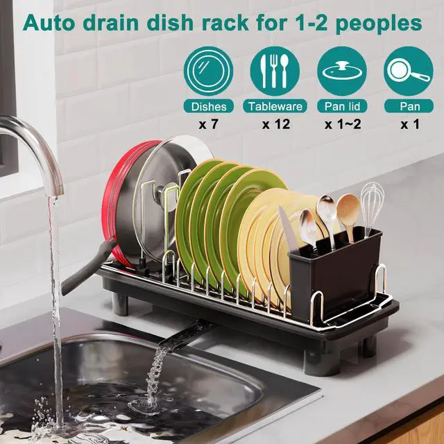 Alt view image 2 of 6 - Compact Dish Drying Rack,Small Dish Rack for Kitchen Counter, Dish Drainer with 360° Rotatable Spout,Plate Rack, Dish Strainer with Cutlery Holder for Pots, Fork & Knives Space Saving