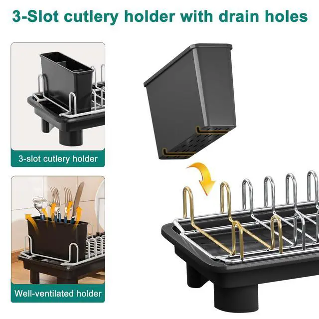 Alt view image 3 of 6 - Compact Dish Drying Rack,Small Dish Rack for Kitchen Counter, Dish Drainer with 360° Rotatable Spout,Plate Rack, Dish Strainer with Cutlery Holder for Pots, Fork & Knives Space Saving