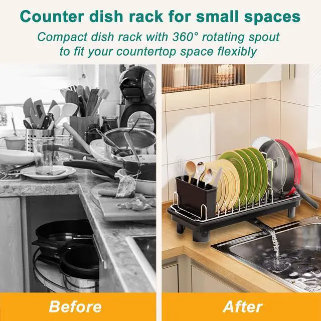 Alt view image 5 of 6 - Compact Dish Drying Rack,Small Dish Rack for Kitchen Counter, Dish Drainer with 360° Rotatable Spout,Plate Rack, Dish Strainer with Cutlery Holder for Pots, Fork & Knives Space Saving