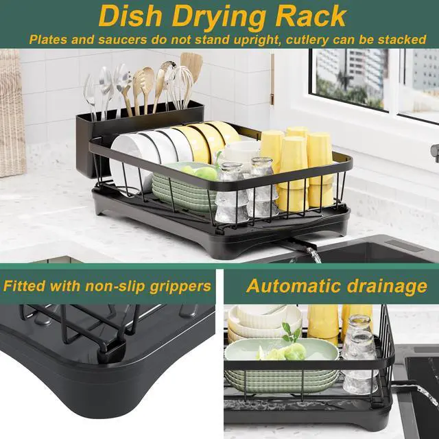 Alt view image 2 of 7 - Dish Drying Rack,Adjustable Spout Design,Kitchen Dish Racks,Made of Iron Material,with Removable Draining Board,Suitable for Kitchen and Caravan Use Scenarios,Black