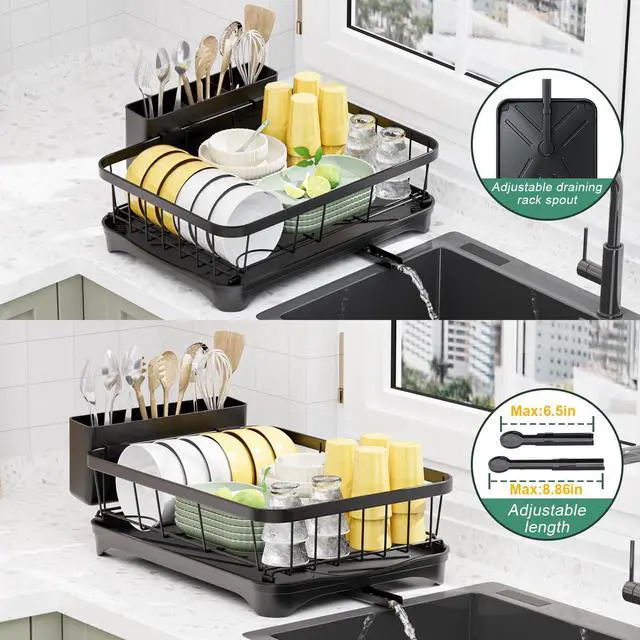 Alt view image 3 of 7 - Dish Drying Rack,Adjustable Spout Design,Kitchen Dish Racks,Made of Iron Material,with Removable Draining Board,Suitable for Kitchen and Caravan Use Scenarios,Black