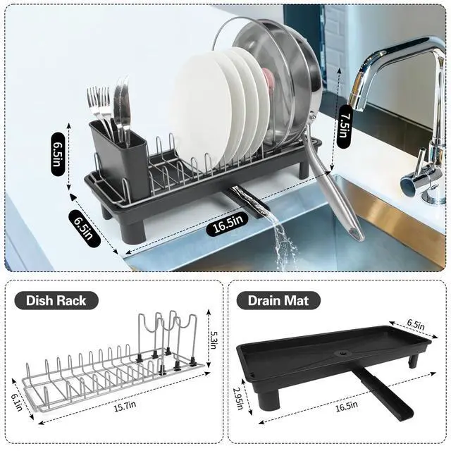 Alt view image 2 of 7 - Small Dish Drying Rack for Kitchen Counter, Dish Rack with Detachable Utensil Holder and Draining Tray, Upgraded Load-Bearing Design for Plates Cutlery Pans and Pot Lids, Black