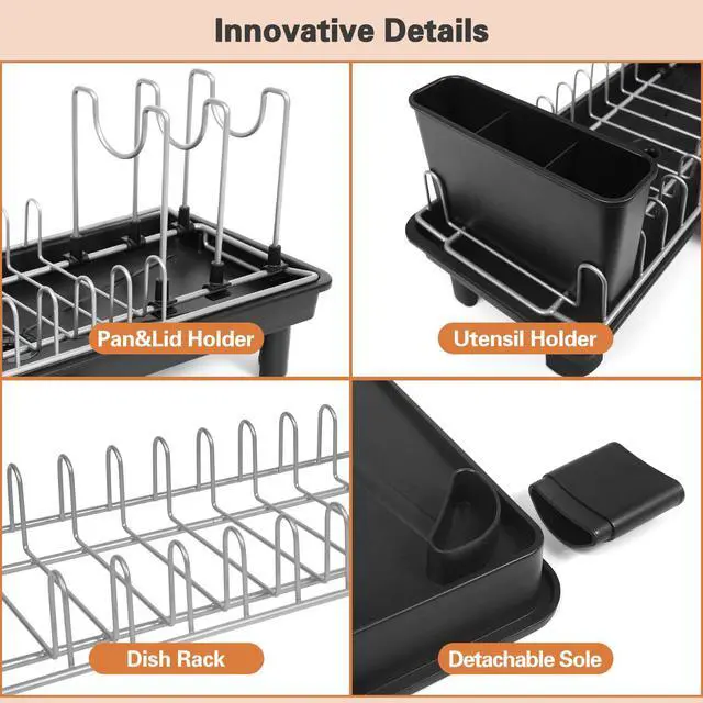 Alt view image 3 of 7 - Small Dish Drying Rack for Kitchen Counter, Dish Rack with Detachable Utensil Holder and Draining Tray, Upgraded Load-Bearing Design for Plates Cutlery Pans and Pot Lids, Black