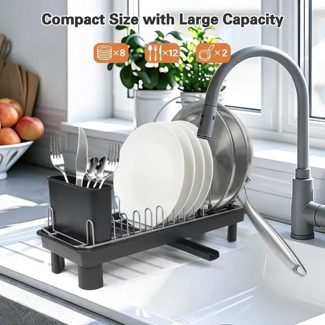 Alt view image 5 of 7 - Small Dish Drying Rack for Kitchen Counter, Dish Rack with Detachable Utensil Holder and Draining Tray, Upgraded Load-Bearing Design for Plates Cutlery Pans and Pot Lids, Black