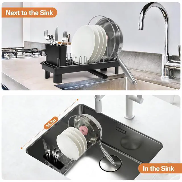 Alt view image 6 of 7 - Small Dish Drying Rack for Kitchen Counter, Dish Rack with Detachable Utensil Holder and Draining Tray, Upgraded Load-Bearing Design for Plates Cutlery Pans and Pot Lids, Black