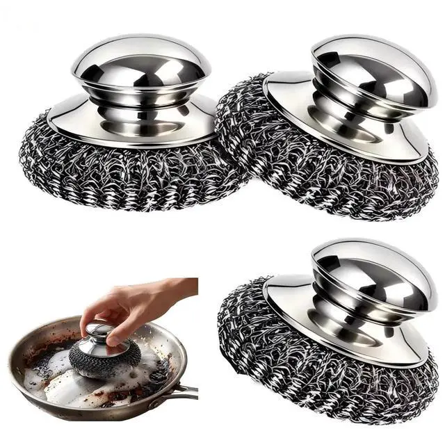 Main image of 3Pcs Steel Wool Scrubber with Handle, Stainless Scrubber Steel Wool Cleaning Tools for Cleaning Tableware, Kitchen Pots, Pans and Sinks