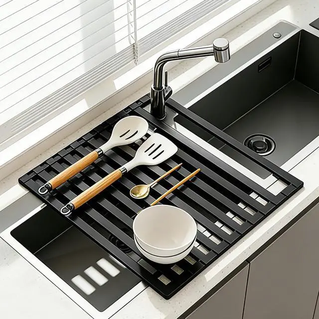 Main image of Foldable Over Sink Dish Drying Rack, Extra Wide & Thick Rust-Proof Aluminum Sink Cover for Counter Space, Collapsible Dish Drying Rack Fits Most Kitchen Sinks (Black, 17.7x13.6)
