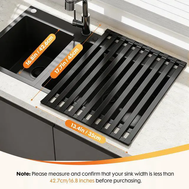 Alt view image 2 of 7 - Foldable Over Sink Dish Drying Rack, Extra Wide & Thick Rust-Proof Aluminum Sink Cover for Counter Space, Collapsible Dish Drying Rack Fits Most Kitchen Sinks (Black, 17.7x13.6)
