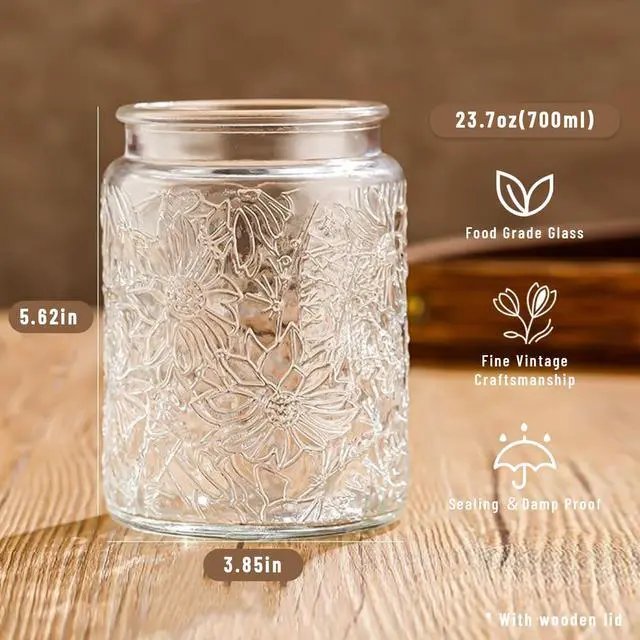 Alt view image 2 of 7 - Vintage Glass Jars with Wooden Lids, 24 oz Airtight Glass Food Storage Containers Sets for the Kitchen, Sugar Coffee Tea Cookie Candy Spice Pasta