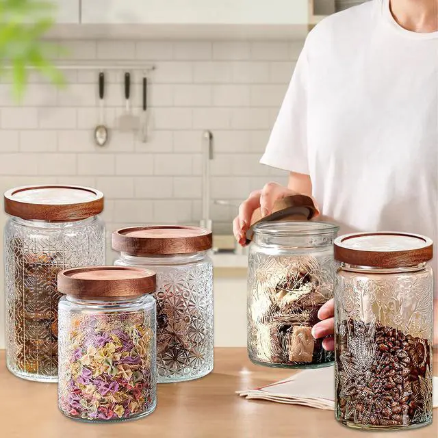 Alt view image 7 of 7 - Vintage Glass Jars with Wooden Lids, 24 oz Airtight Glass Food Storage Containers Sets for the Kitchen, Sugar Coffee Tea Cookie Candy Spice Pasta