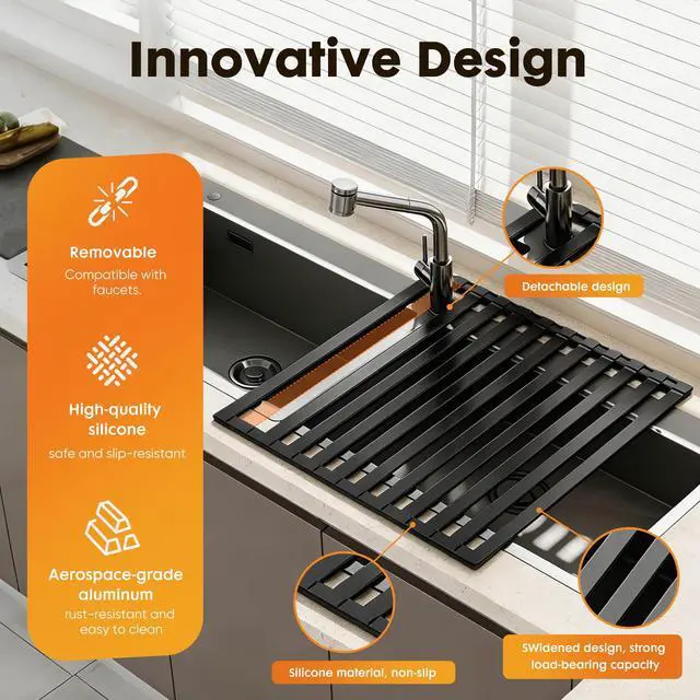 Alt view image 3 of 7 - Foldable Over Sink Dish Drying Rack, Extra Wide & Thick Rust-Proof Aluminum Sink Cover for Counter Space, Collapsible Dish Drying Rack Fits Most Kitchen Sinks (Black, 17.7x13.6)