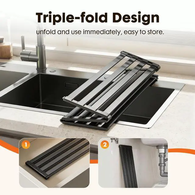 Alt view image 5 of 7 - Foldable Over Sink Dish Drying Rack, Extra Wide & Thick Rust-Proof Aluminum Sink Cover for Counter Space, Collapsible Dish Drying Rack Fits Most Kitchen Sinks (Black, 17.7x13.6)