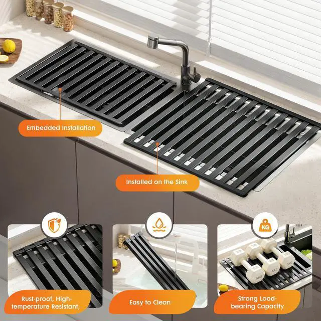 Alt view image 6 of 7 - Foldable Over Sink Dish Drying Rack, Extra Wide & Thick Rust-Proof Aluminum Sink Cover for Counter Space, Collapsible Dish Drying Rack Fits Most Kitchen Sinks (Black, 17.7x13.6)