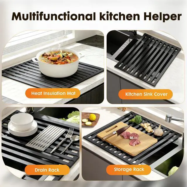 Alt view image 7 of 7 - Foldable Over Sink Dish Drying Rack, Extra Wide & Thick Rust-Proof Aluminum Sink Cover for Counter Space, Collapsible Dish Drying Rack Fits Most Kitchen Sinks (Black, 17.7x13.6)