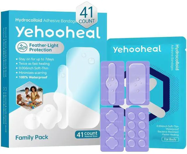 Main image of Hydrocolloid Bandages Variety Pack 0.006in Optimally Thin Second Skin 5 Day Protect Waterproof Faster Healing Less Scarring Individually Wrapped,for Cuts Scrapes Acne Pimple,41 Count(Assorted Sizes)