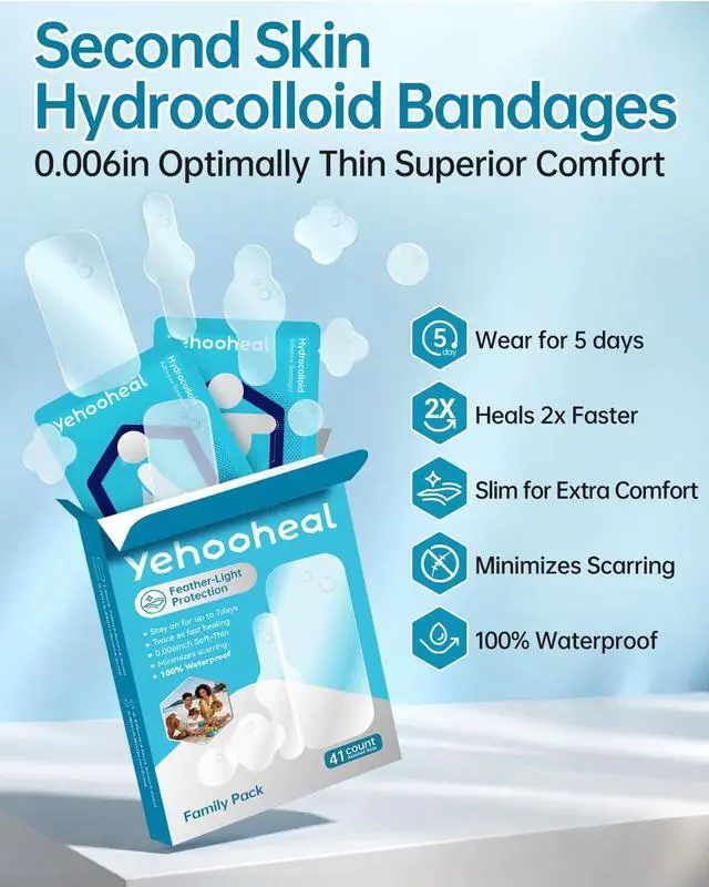 Alt view image 2 of 7 - Hydrocolloid Bandages Variety Pack 0.006in Optimally Thin Second Skin 5 Day Protect Waterproof Faster Healing Less Scarring Individually Wrapped,for Cuts Scrapes Acne Pimple,41 Count(Assorted Sizes)