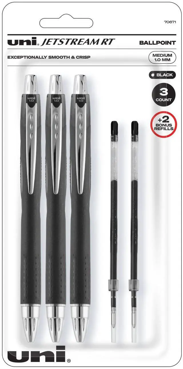 Main image of Jetstream Rt Ball Point Pens Black - Writing Pens Bold Point (1.0mm) - 3 Ink pens With 2 Refills