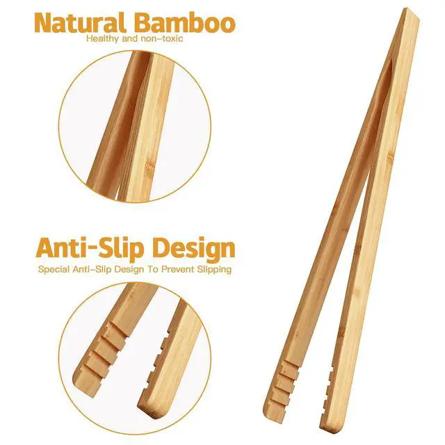 Alt view image 3 of 6 - 2 Pieces Bamboo Toast Tongs, 10.2 Inches Long Wood Toaster Tongs with Anti-slip Design, Tongs for Cooking with Cooking Oil Coating