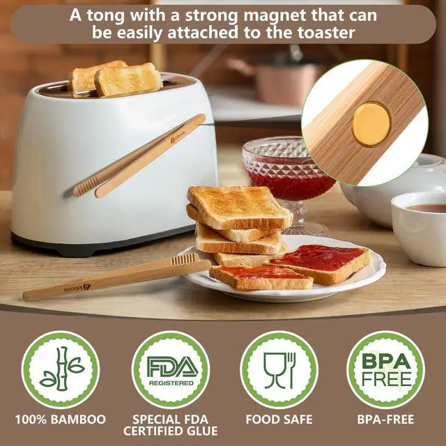 Alt view image 3 of 7 - Magnetic Classic Bamboo Toast Tongs - Wood Cooking Tong,Ideal for Toaster,Fruits, Bread & Pickles, Kitchen Utensil for Cheese Bacon Muffin,Small Mini Tongs For Cooking - 8" Long | Set of 2