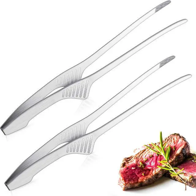 Main image of 2 Pieces Korean and Japanese BBQ Tongs Non Slip Cooking Utensils Stainless Steel Tongs for Serving Food, Salad, Camping, Barbecue, Buffet, Oven with Support Stand (Silver)