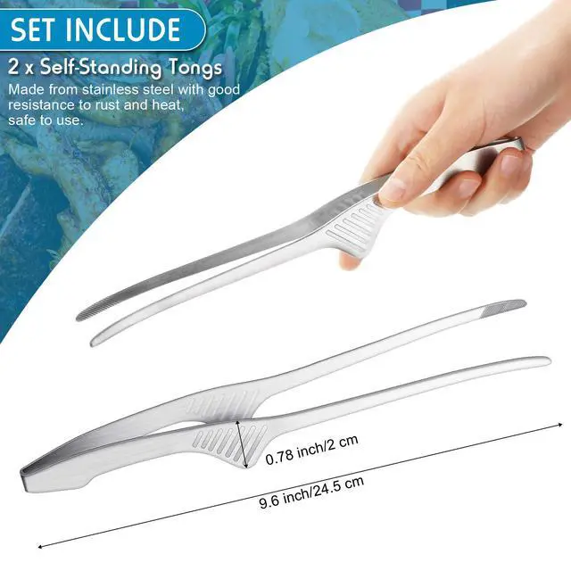 Alt view image 2 of 6 - 2 Pieces Korean and Japanese BBQ Tongs Non Slip Cooking Utensils Stainless Steel Tongs for Serving Food, Salad, Camping, Barbecue, Buffet, Oven with Support Stand (Silver)