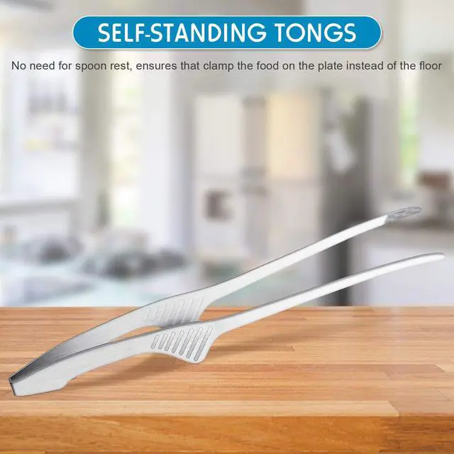 Alt view image 3 of 6 - 2 Pieces Korean and Japanese BBQ Tongs Non Slip Cooking Utensils Stainless Steel Tongs for Serving Food, Salad, Camping, Barbecue, Buffet, Oven with Support Stand (Silver)
