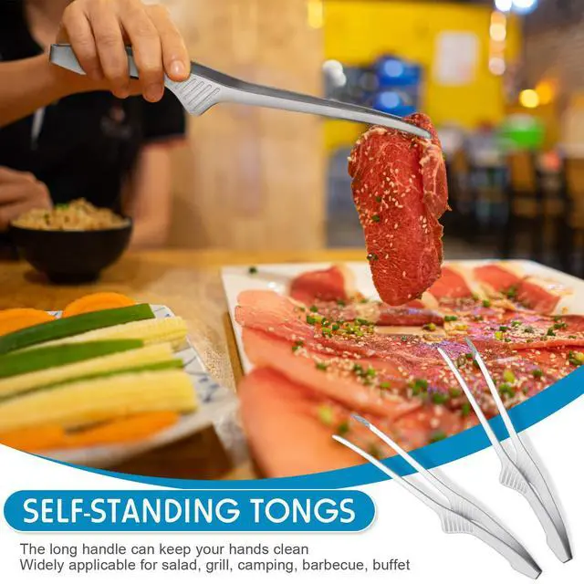 Alt view image 6 of 6 - 2 Pieces Korean and Japanese BBQ Tongs Non Slip Cooking Utensils Stainless Steel Tongs for Serving Food, Salad, Camping, Barbecue, Buffet, Oven with Support Stand (Silver)