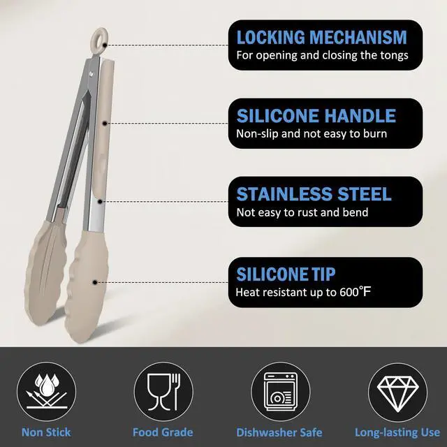 Alt view image 4 of 7 - Cooking Tongs with Silicone Tips, 600°F Heat-Resistant, 9" & 12"
