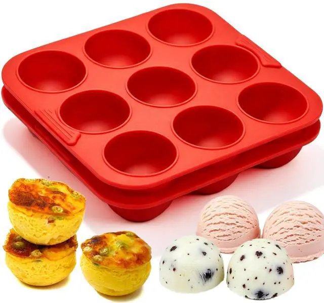 Main image of 2 Pack Silicone Egg Bite Molds Silicone 9-Cavity Silicone Muffin Pans for Baking, Non-Stick Air Fryer Baking Pan for Egg Bites, Cupcake, Tart, Frittata, Quiche, Muffins, Cornbread (Red, 9-Cavity)