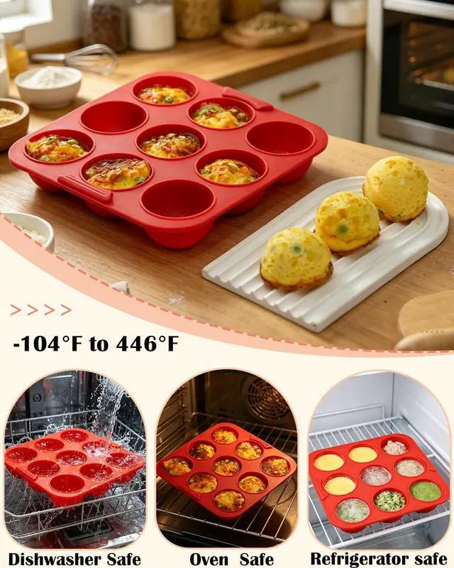 Alt view image 4 of 6 - 2 Pack Silicone Egg Bite Molds Silicone 9-Cavity Silicone Muffin Pans for Baking, Non-Stick Air Fryer Baking Pan for Egg Bites, Cupcake, Tart, Frittata, Quiche, Muffins, Cornbread (Red, 9-Cavity)