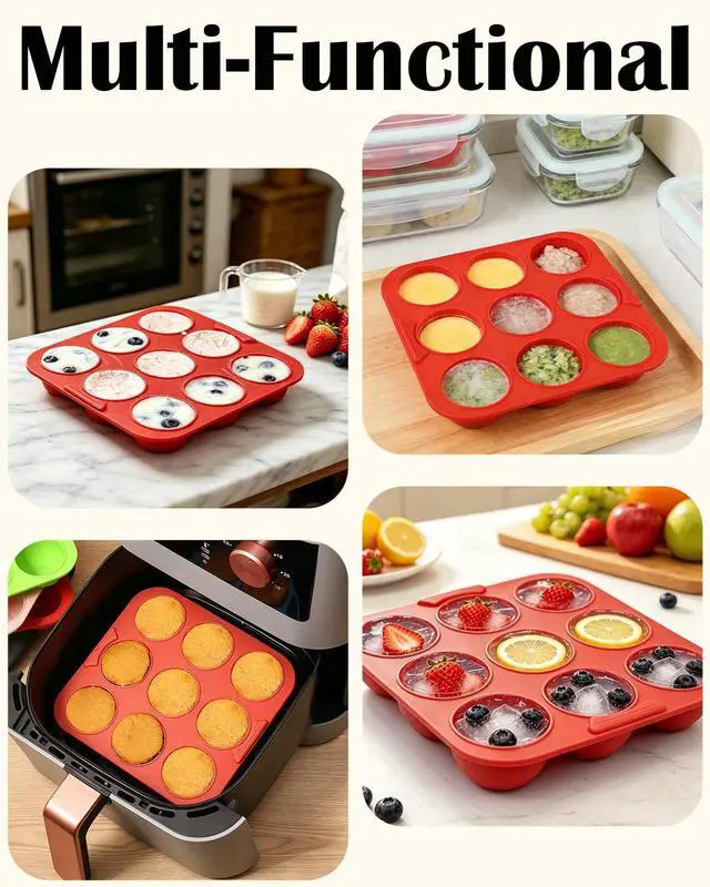 Alt view image 6 of 6 - 2 Pack Silicone Egg Bite Molds Silicone 9-Cavity Silicone Muffin Pans for Baking, Non-Stick Air Fryer Baking Pan for Egg Bites, Cupcake, Tart, Frittata, Quiche, Muffins, Cornbread (Red, 9-Cavity)