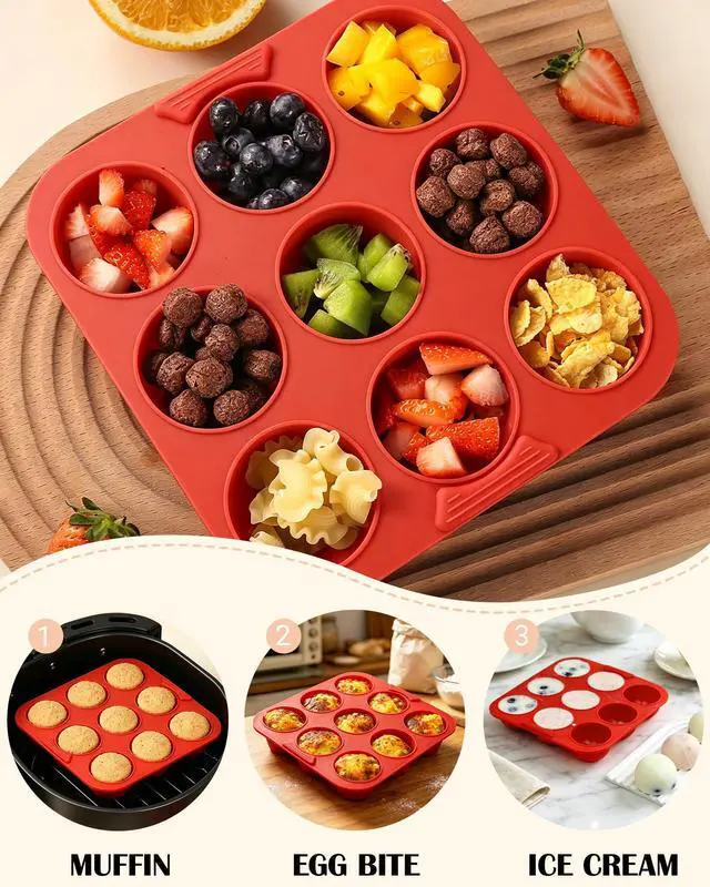 Alt view image 5 of 6 - 2 Pack Silicone Egg Bite Molds Silicone 9-Cavity Silicone Muffin Pans for Baking, Non-Stick Air Fryer Baking Pan for Egg Bites, Cupcake, Tart, Frittata, Quiche, Muffins, Cornbread (Red, 9-Cavity)