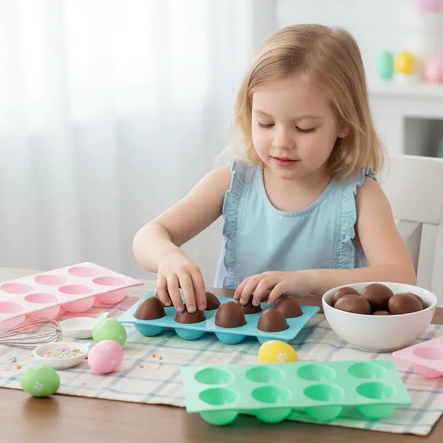 Alt view image 6 of 7 - 8 Cavity Silicone Egg Molds Set of 2 for Easter Silicone Egg Pan Baking Supplies for Cake Decorating Chocolate Candy (3, Pink, Green and Blue)
