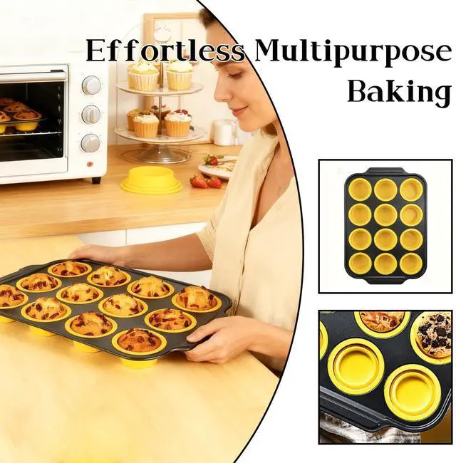 Alt view image 3 of 6 - Collapsible Silicone Cupcake Pan, Egg Bites Silicone Mold & Donut Molds for Baking, 12-Cavity Pressable Tray, Perfect for Muffins, Egg Bites & Donuts