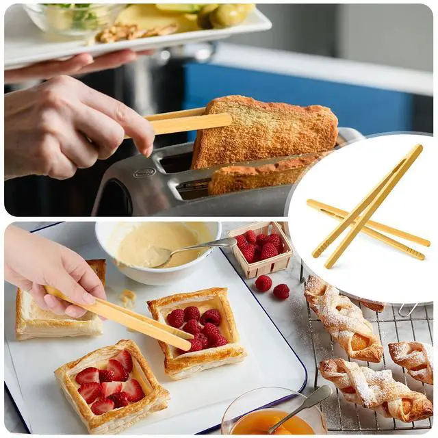 Alt view image 3 of 5 - Reusable Bamboo Toast Tongs 2 Pcs, 7 inch Wooden Toaster Tongs For Cooking & Holding, Nature Wooden Kitchen Utensil For Cheese Bacon Muffin Fruits Bread