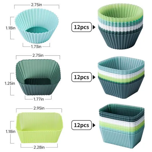 Alt view image 4 of 7 - Silicone Cupcake Liners, Upgrades 36 Pack Reusable Baking Muffin Cups Nonstick 3 Shapes Pastry Cake Molds Bento Lunch Box Dividers