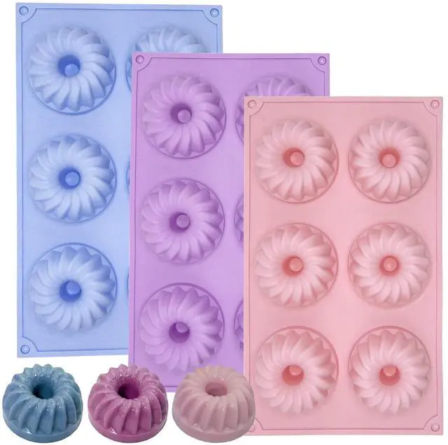 Main image of LGQUK Jello Molds 3pcs Silicone Fluted Tube Cake Pans, 6-Cavity Non Stick Silicone Baking Molds for Cupcake, Donuts,Muffin, Cornbread, Brownie, Jellies (Purple+Blue+Pink, Fluted Tube)
