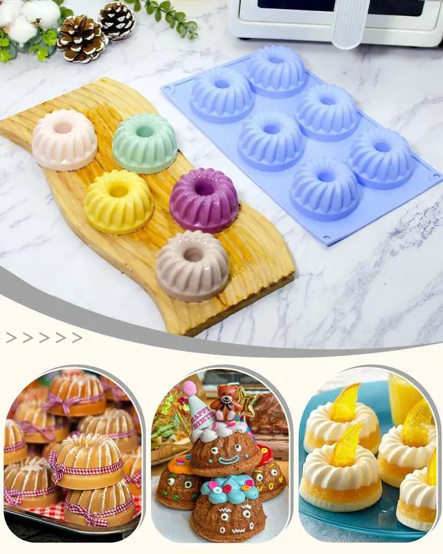 Alt view image 5 of 6 - LGQUK Jello Molds 3pcs Silicone Fluted Tube Cake Pans, 6-Cavity Non Stick Silicone Baking Molds for Cupcake, Donuts,Muffin, Cornbread, Brownie, Jellies (Purple+Blue+Pink, Fluted Tube)