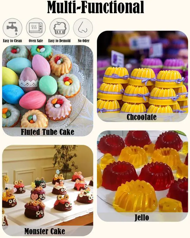 Alt view image 6 of 6 - LGQUK Jello Molds 3pcs Silicone Fluted Tube Cake Pans, 6-Cavity Non Stick Silicone Baking Molds for Cupcake, Donuts,Muffin, Cornbread, Brownie, Jellies (Purple+Blue+Pink, Fluted Tube)
