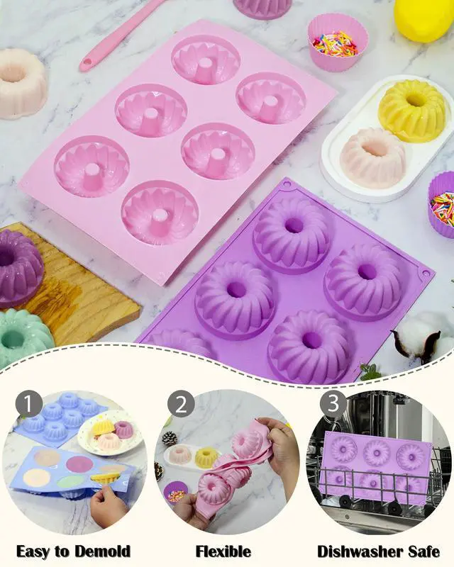 Alt view image 4 of 6 - LGQUK Jello Molds 3pcs Silicone Fluted Tube Cake Pans, 6-Cavity Non Stick Silicone Baking Molds for Cupcake, Donuts,Muffin, Cornbread, Brownie, Jellies (Purple+Blue+Pink, Fluted Tube)