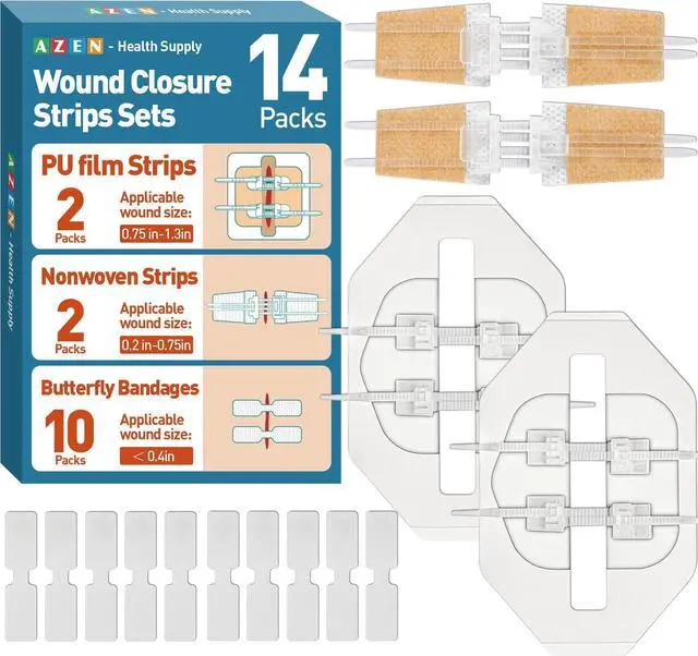 Main image of 14 Pack Emergency Wound Closure Strips, Butterfly Bandages, Emergency Laceration Closure Kit, Repair Wounds Without Stitches, Quick Clot Zip Stitch Wound Closures Device
