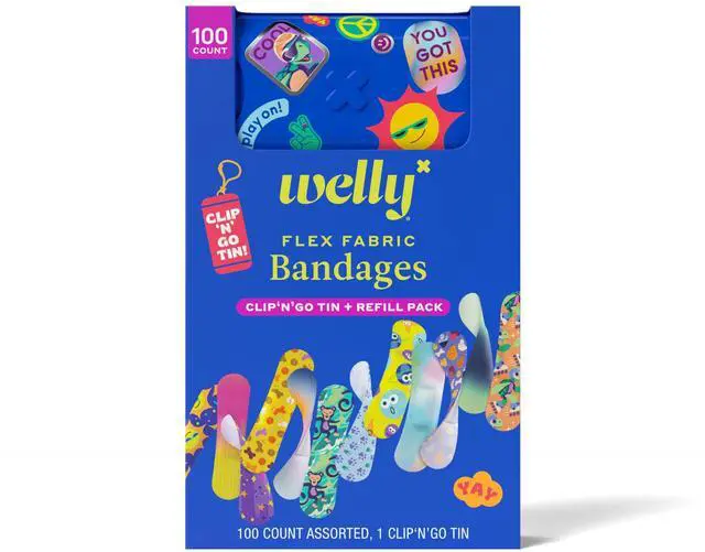 Main image of Bandage Clip N' Go Tin & Refill Pack | Adhesive Flexible Fabric Bandages and Tin | Assorted Shapes and Patterns for Minor Cuts, Scrapes, and Wounds - 100 Count
