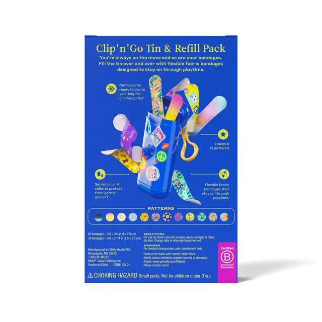 Alt view image 2 of 6 - Bandage Clip N' Go Tin & Refill Pack | Adhesive Flexible Fabric Bandages and Tin | Assorted Shapes and Patterns for Minor Cuts, Scrapes, and Wounds - 100 Count